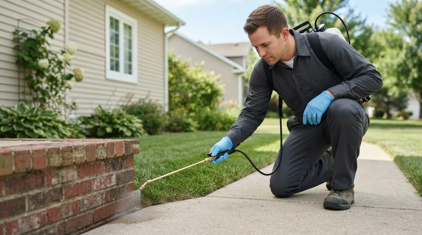Pest control technician treating a home near Rantoul, IL